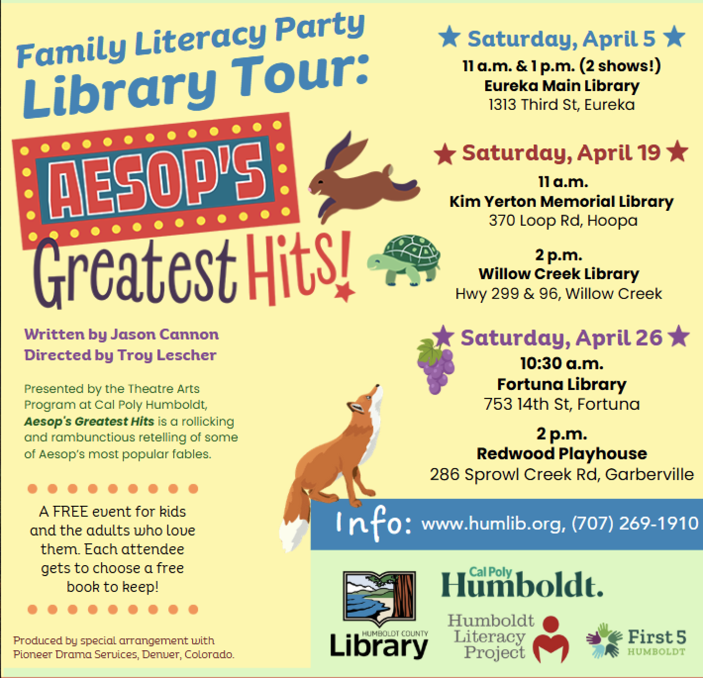 A poster advertising a family literacy event featuring Aesop's Greatest Hits, with dates, times, and locations for performances at various libraries.
