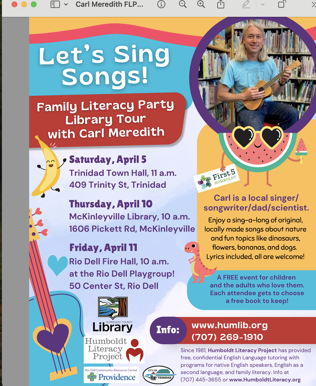 A colorful poster advertises a family literacy event with singer/songwriter Carl Meredith, featuring dates, locations, and a description of the event.