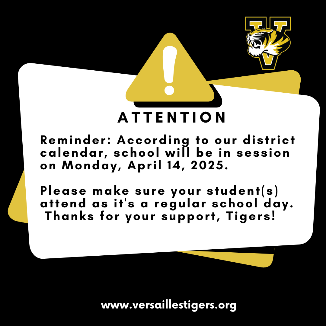 A yellow attention sign with a black exclamation point, a reminder that school will be in session on Monday, April 14, 2025.