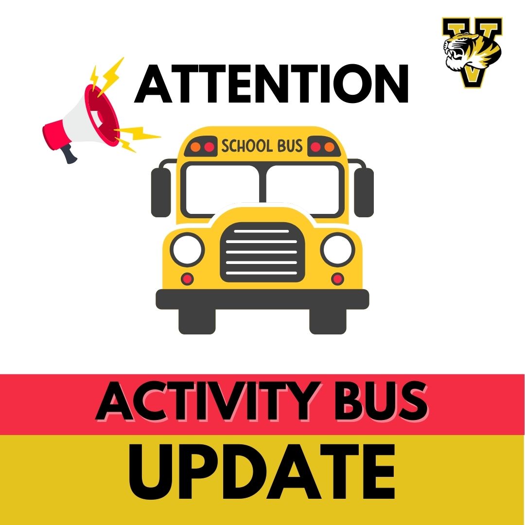 A yellow school bus with the words 'ATTENTION' and 'ACTIVITY BUS UPDATE' on a white background.