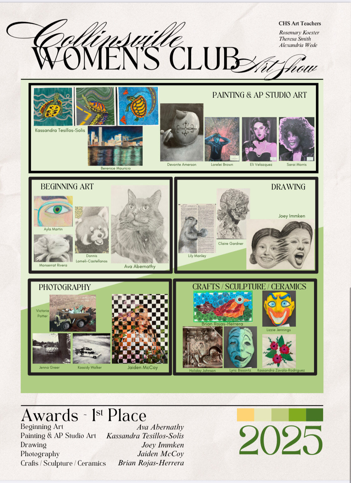 A poster showcasing artwork from the Collinsville Women's Club Art Show, featuring student artwork in various categories, including beginning art, painting, drawing, photography, and crafts.