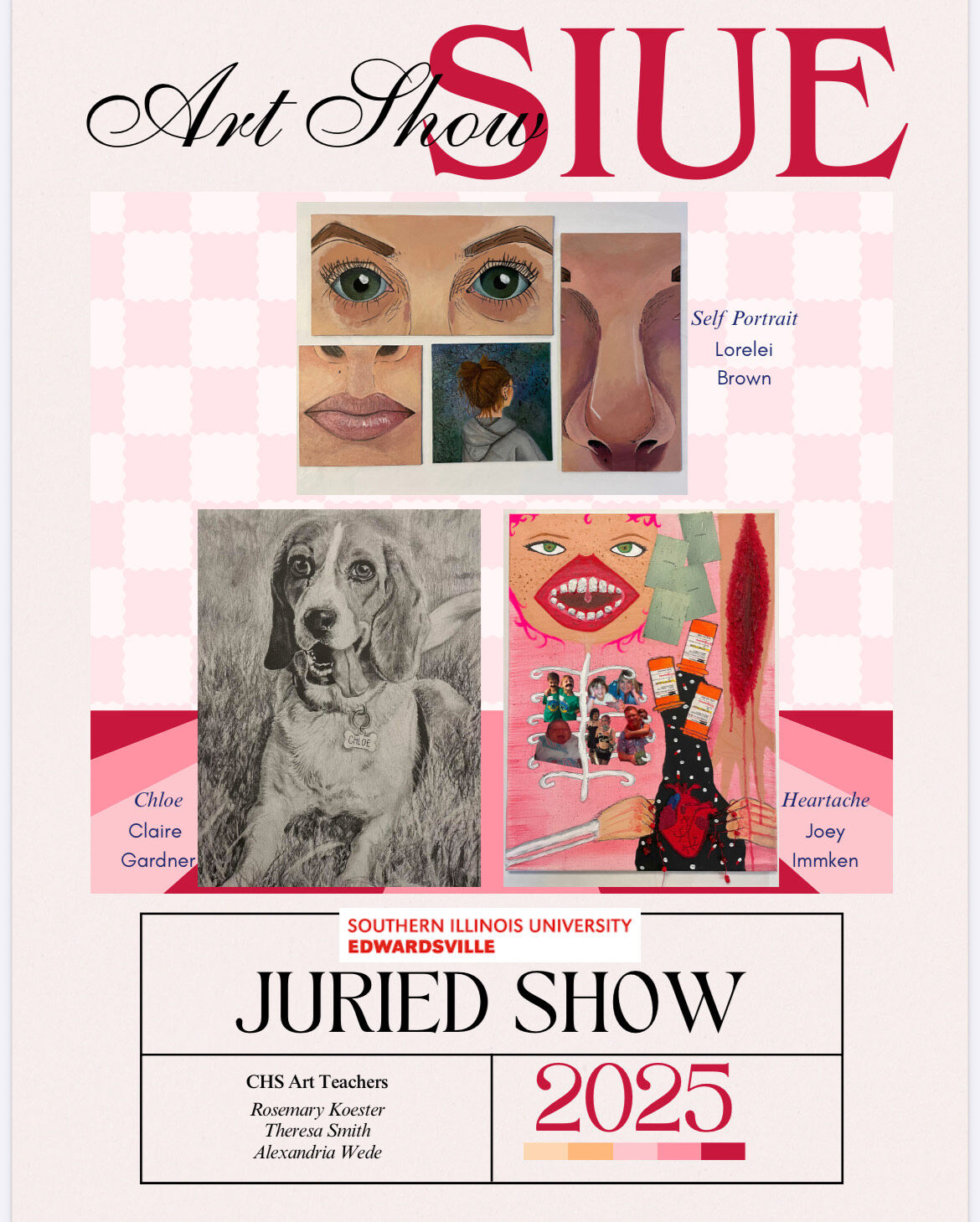 A poster for a juried art show at Southern Illinois University Edwardsville, featuring student artwork and the names of the artists.