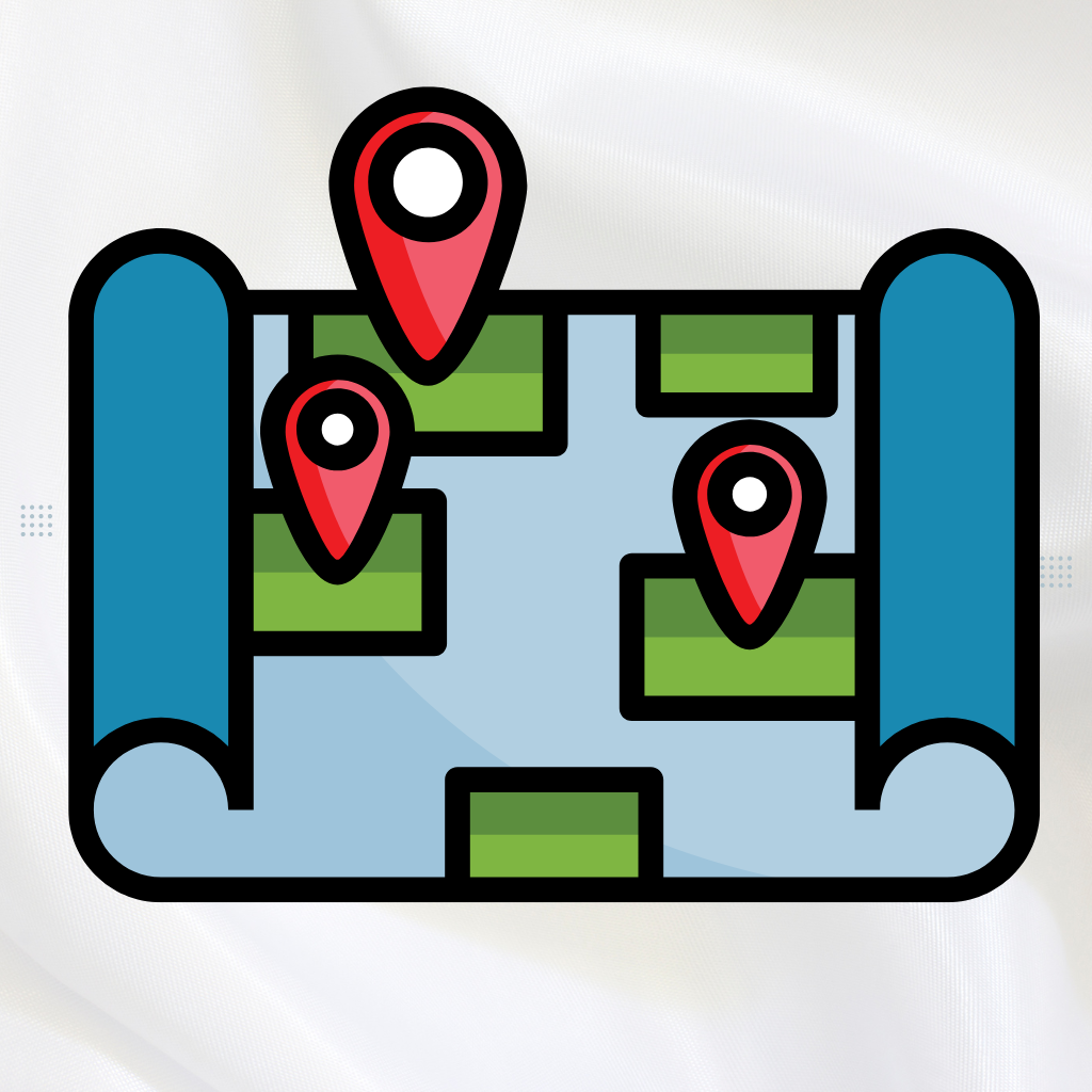 An illustration of a map with three red location pins marking different spots.