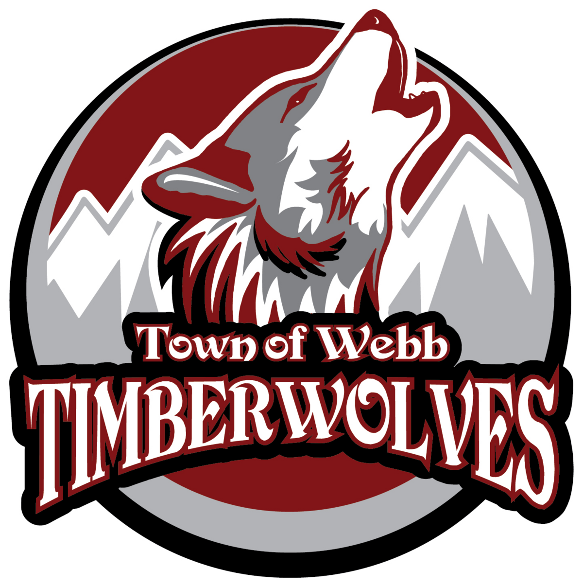 A logo for the Town of Webb Timberwolves, featuring a howling wolf against a mountain backdrop.