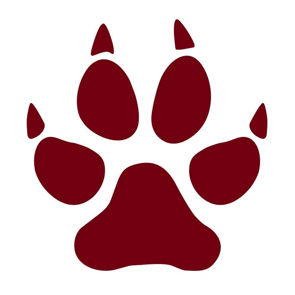A maroon-colored paw print with four toes and a large pad.