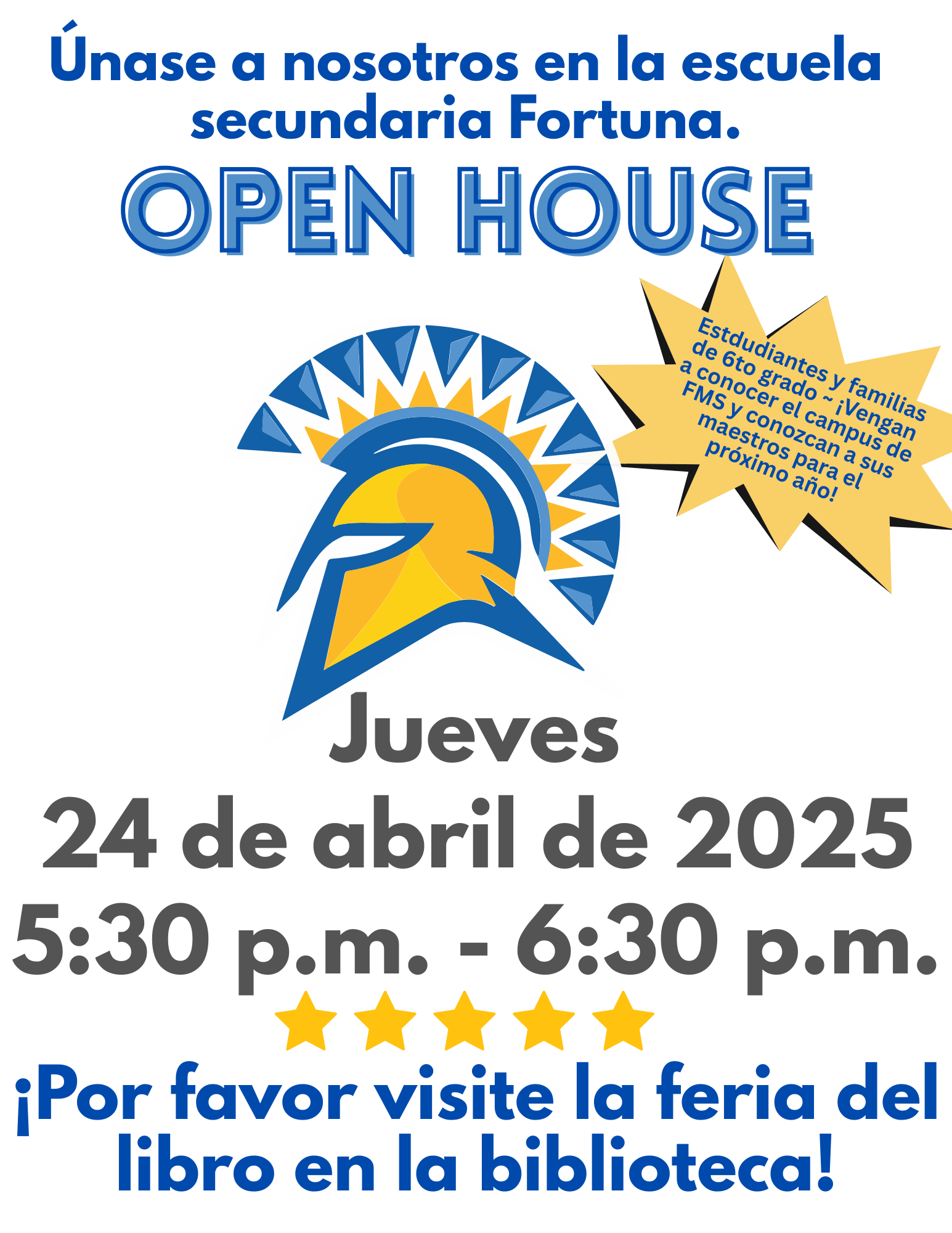 A flyer announcing an Open House event at Fortuna Secondary School on April 24, 2025, from 5:30 to 6:30 p.m.