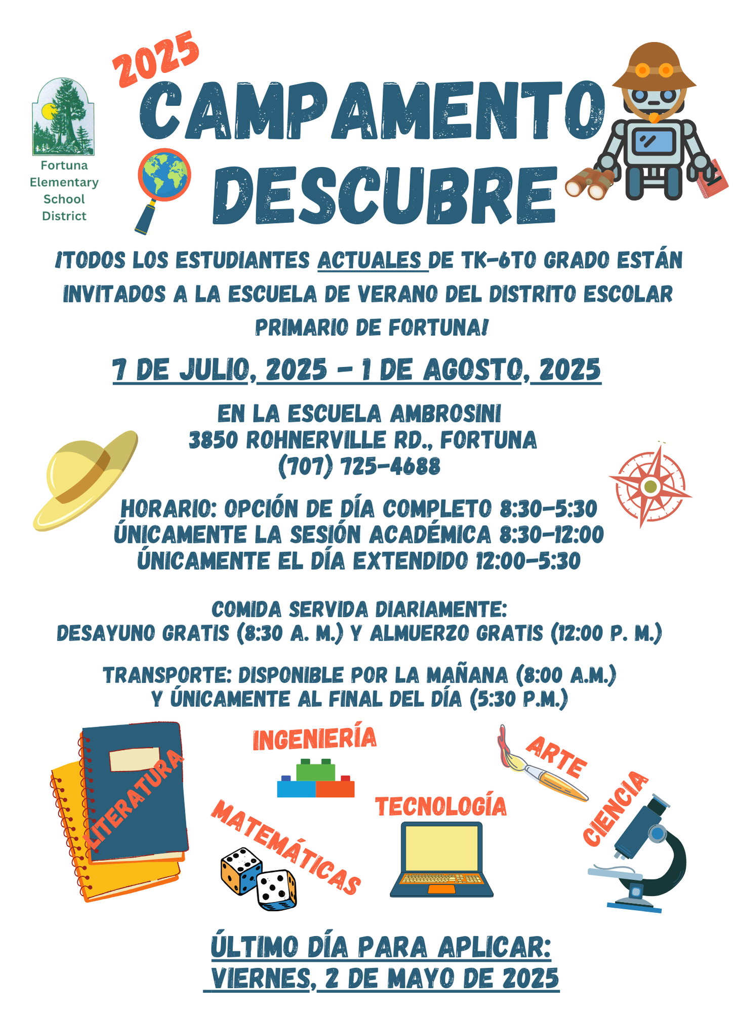 A colorful poster announces a summer camp for students in grades TK-6 at Fortuna Elementary School District.