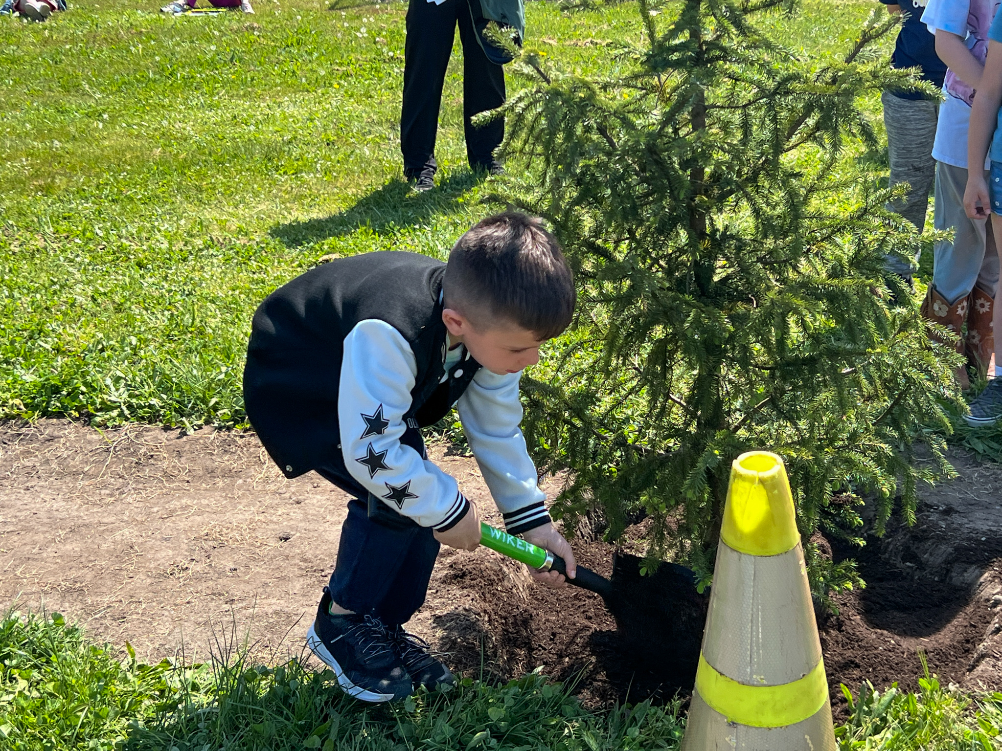 A young boy carefully plants a tree with a shovel, surrounded by other people.