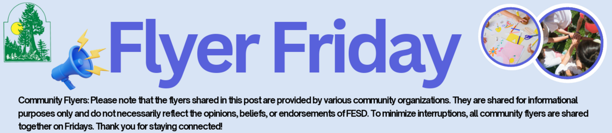 A graphic announcing 'Flyer Friday' with a megaphone and images of community activities.