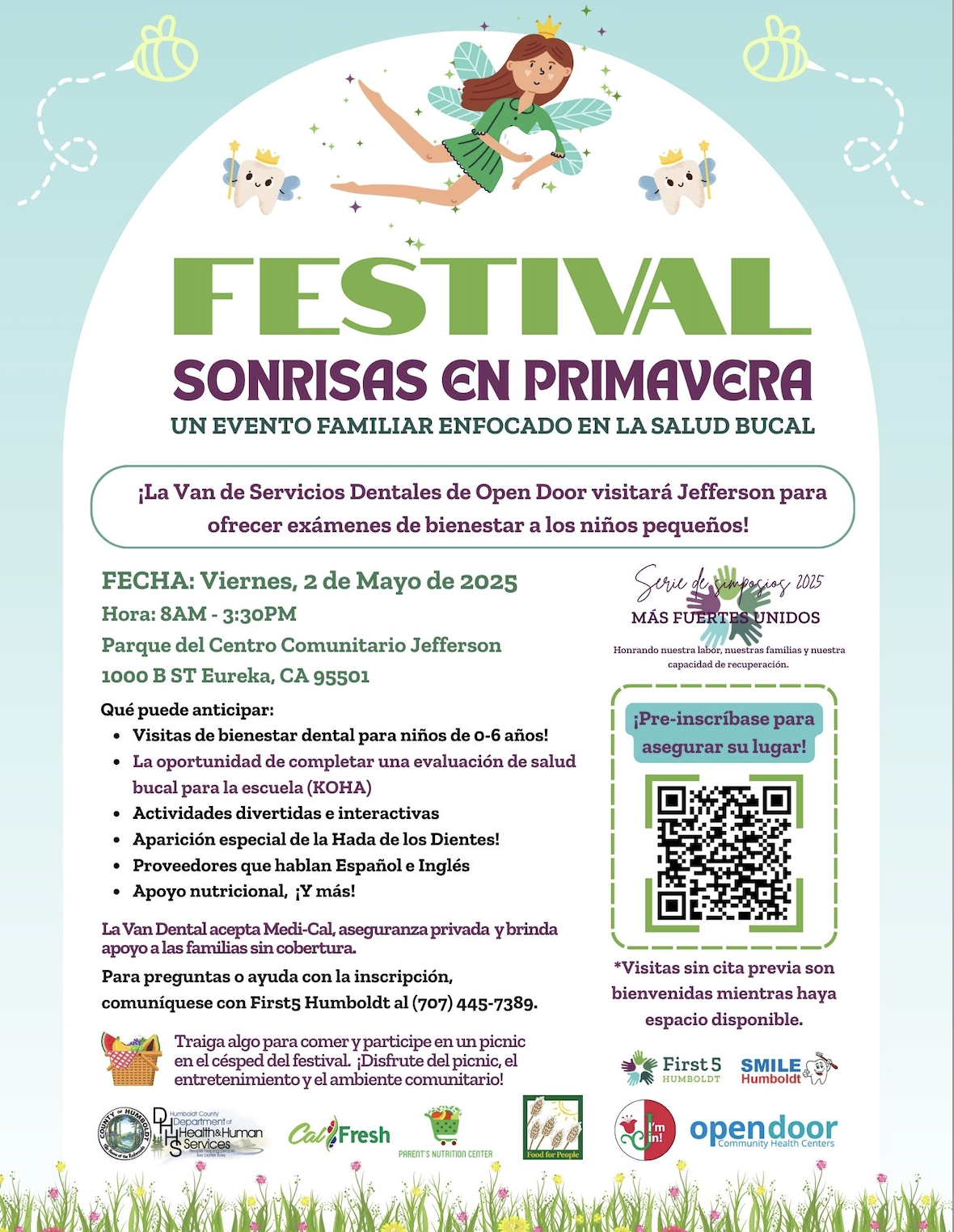 A flyer for a family-friendly dental health festival, "Festival Sonrisas en Primavera," taking place on May 2nd, 2025, at the Jefferson Community Center in Eureka, California.