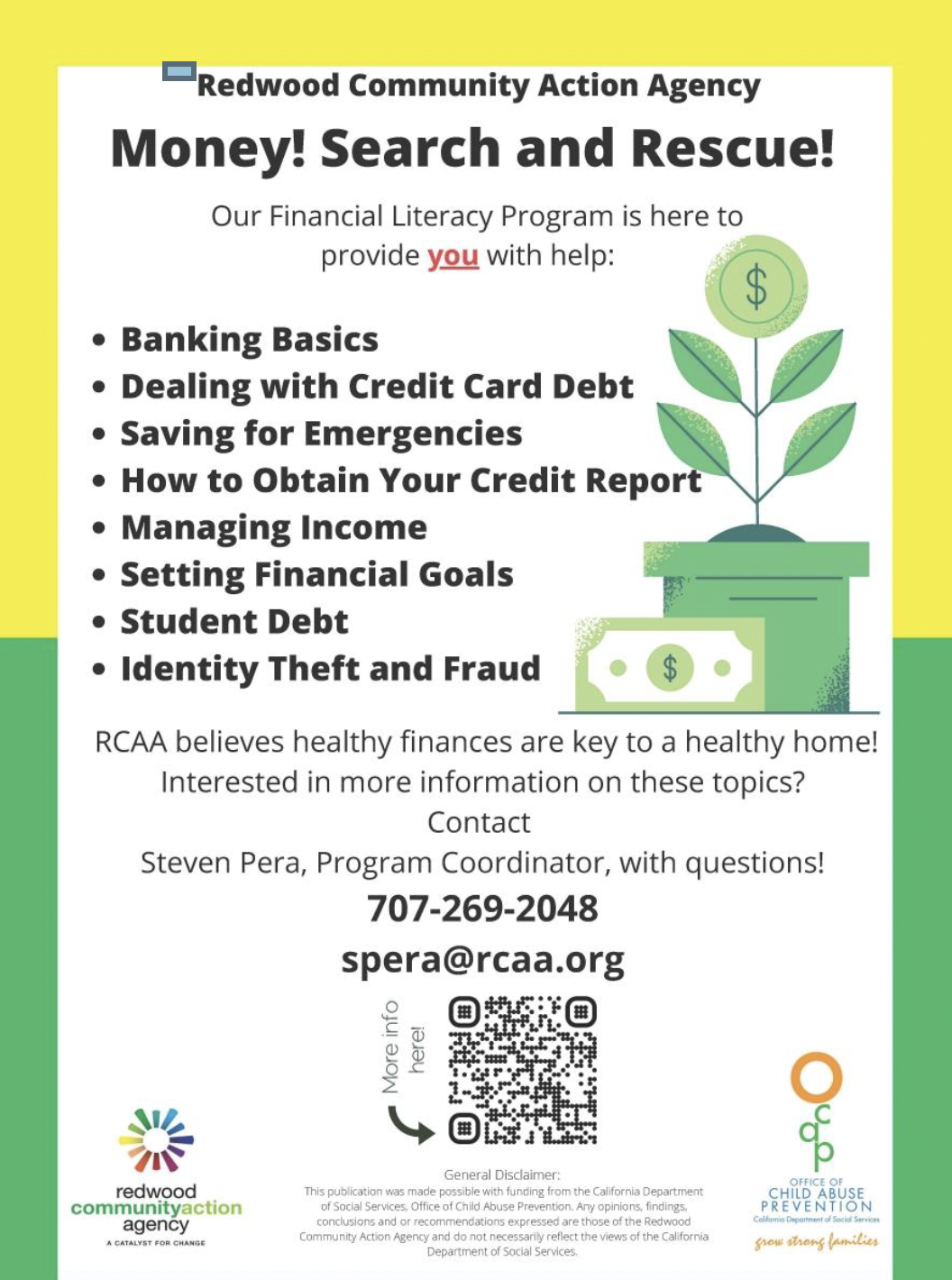 A flyer from the Redwood Community Action Agency promoting their financial literacy program, with the tagline 'Money! Search and Rescue!' and a list of topics covered, including banking basics, credit card debt, saving for emergencies, and more.