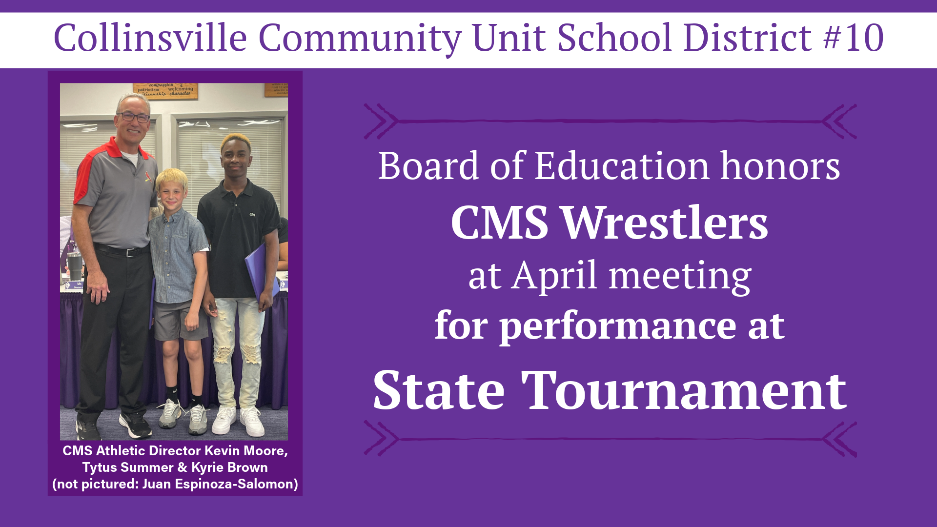 Three young men stand together, recognized by the Collinsville Community Unit School District #10 Board of Education for their performance at the State Tournament.
