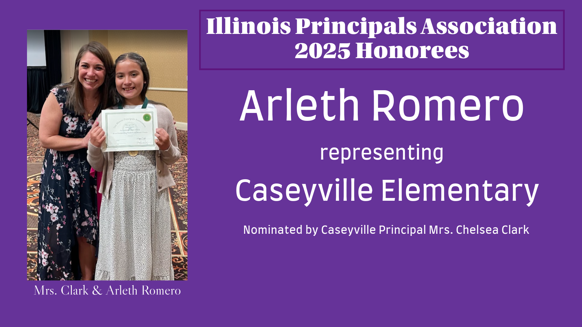 Arleth Romero, representing Caseyville Elementary, receives an award from Illinois Principals Association.