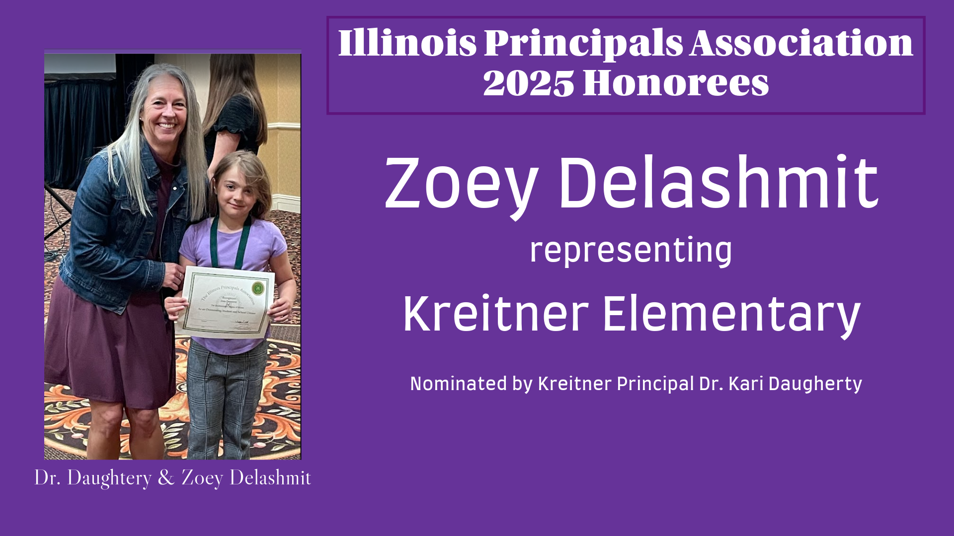 Zoey Delashmit, a student from Kreitner Elementary, receives an award from her principal, Dr. Kari Daugherty.