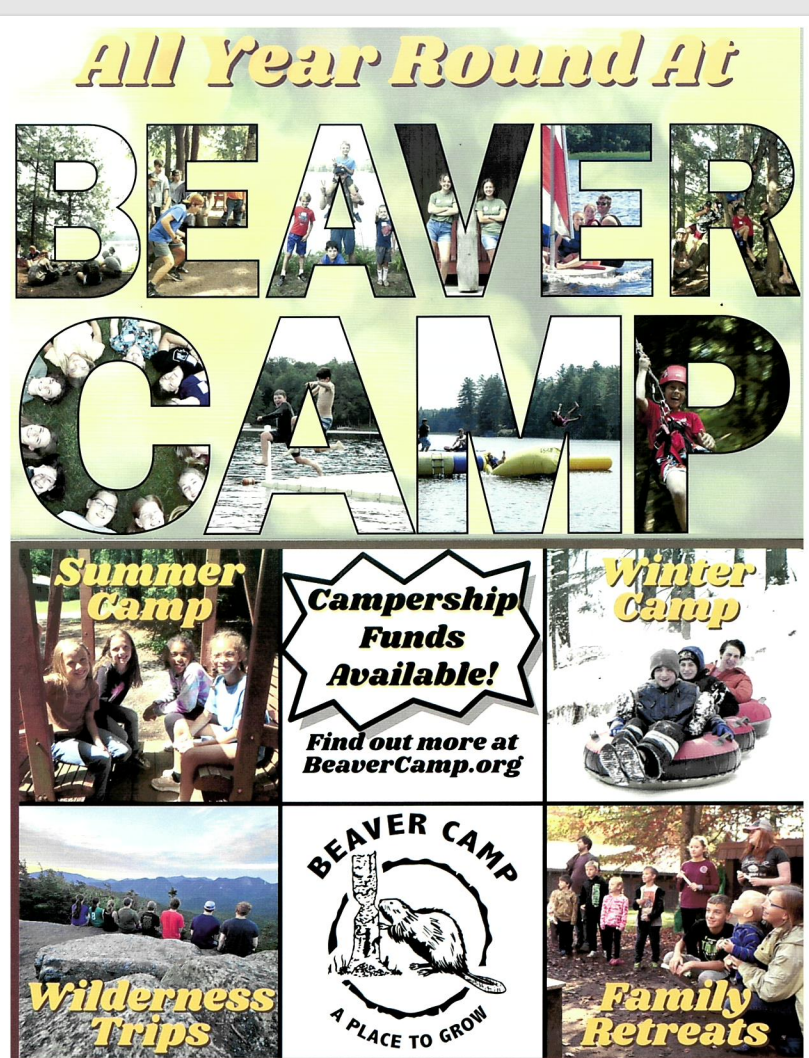 A colorful poster for Beaver Camp, featuring photos of kids enjoying activities like swimming, ziplining, and tubing.