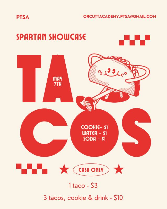 A poster advertising a 'Spartan Showcase Tacos' event on May 7th, featuring a cartoon taco character and pricing information.