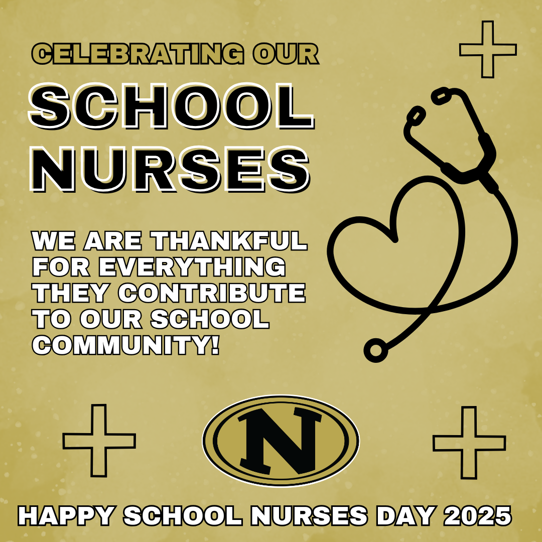 A graphic celebrating School Nurses Day 2025 with a stethoscope, heart, and the text 'Celebrating Our School Nurses.'