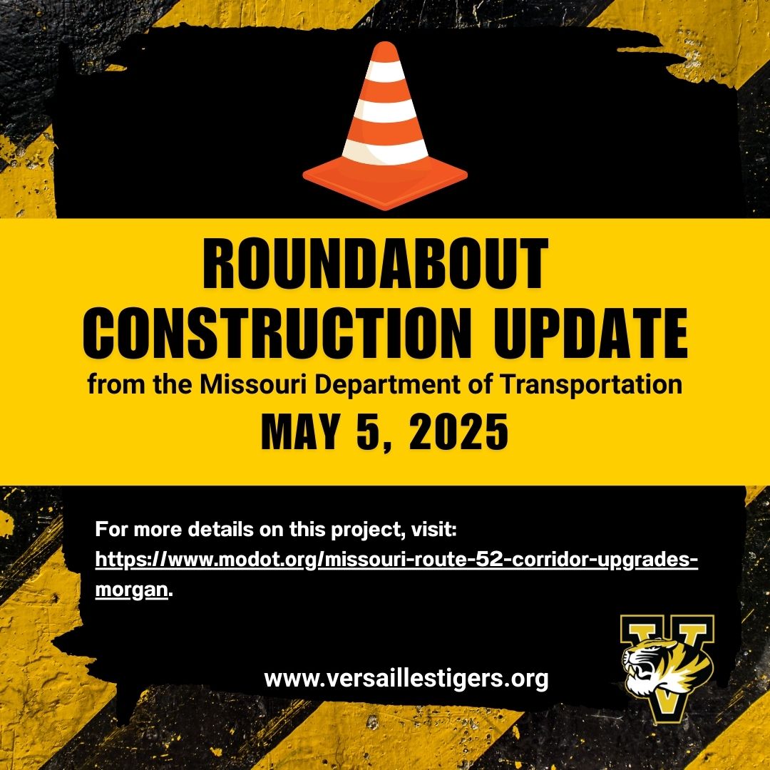 A graphic announcing a roundabout construction update from the Missouri Department of Transportation on May 5, 2025.