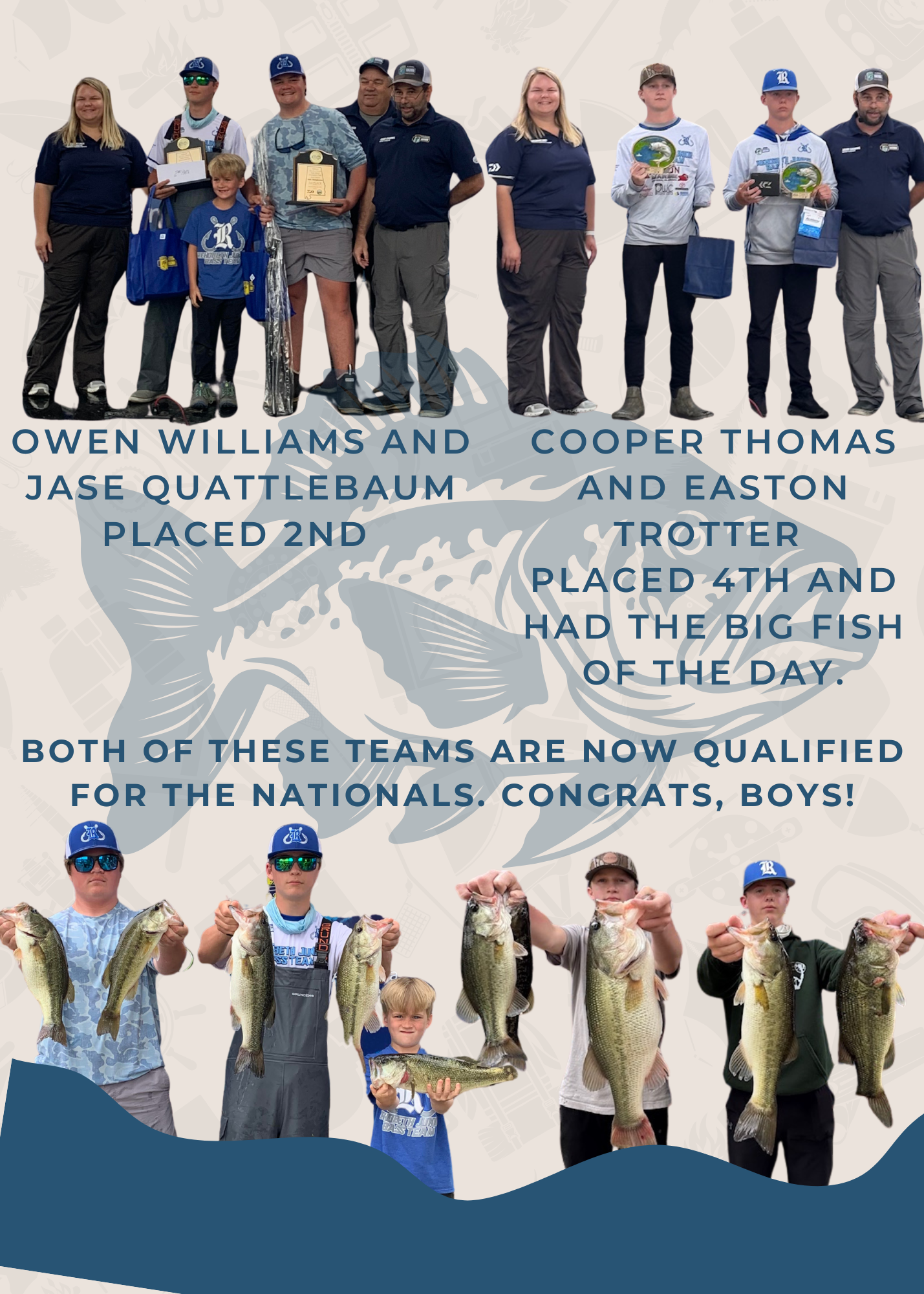 Two fishing teams pose with their catches, celebrating their qualification for the Nationals. Owen Williams and Jase Quattlebaum placed 2nd, while Cooper Thomas and Easton Trotter placed 4th and caught the biggest fish of the day.