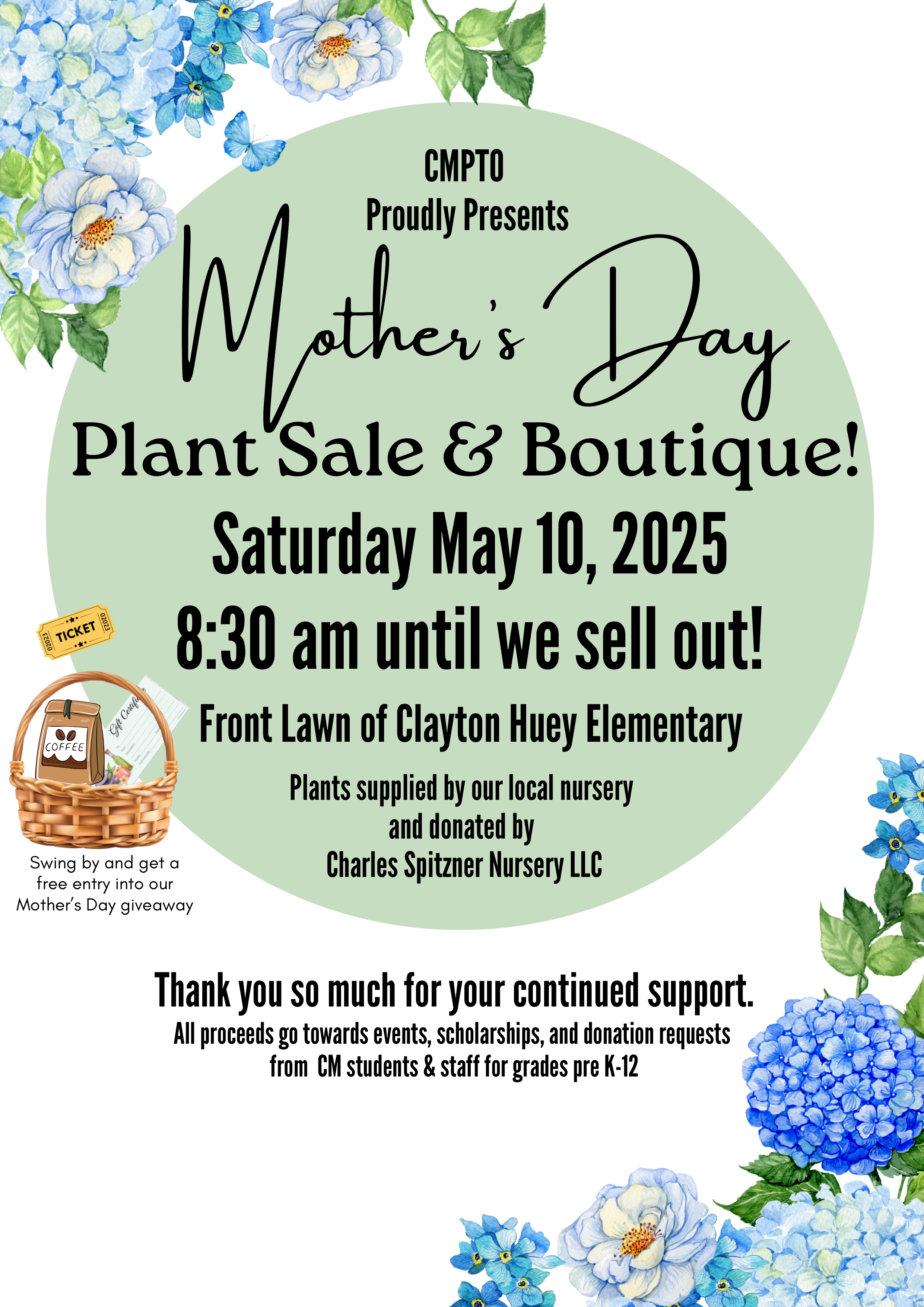 A flyer advertising a Mother's Day Plant Sale & Boutique, taking place on Saturday, May 10, 2025, at 8:30 am at Clayton Huey Elementary.