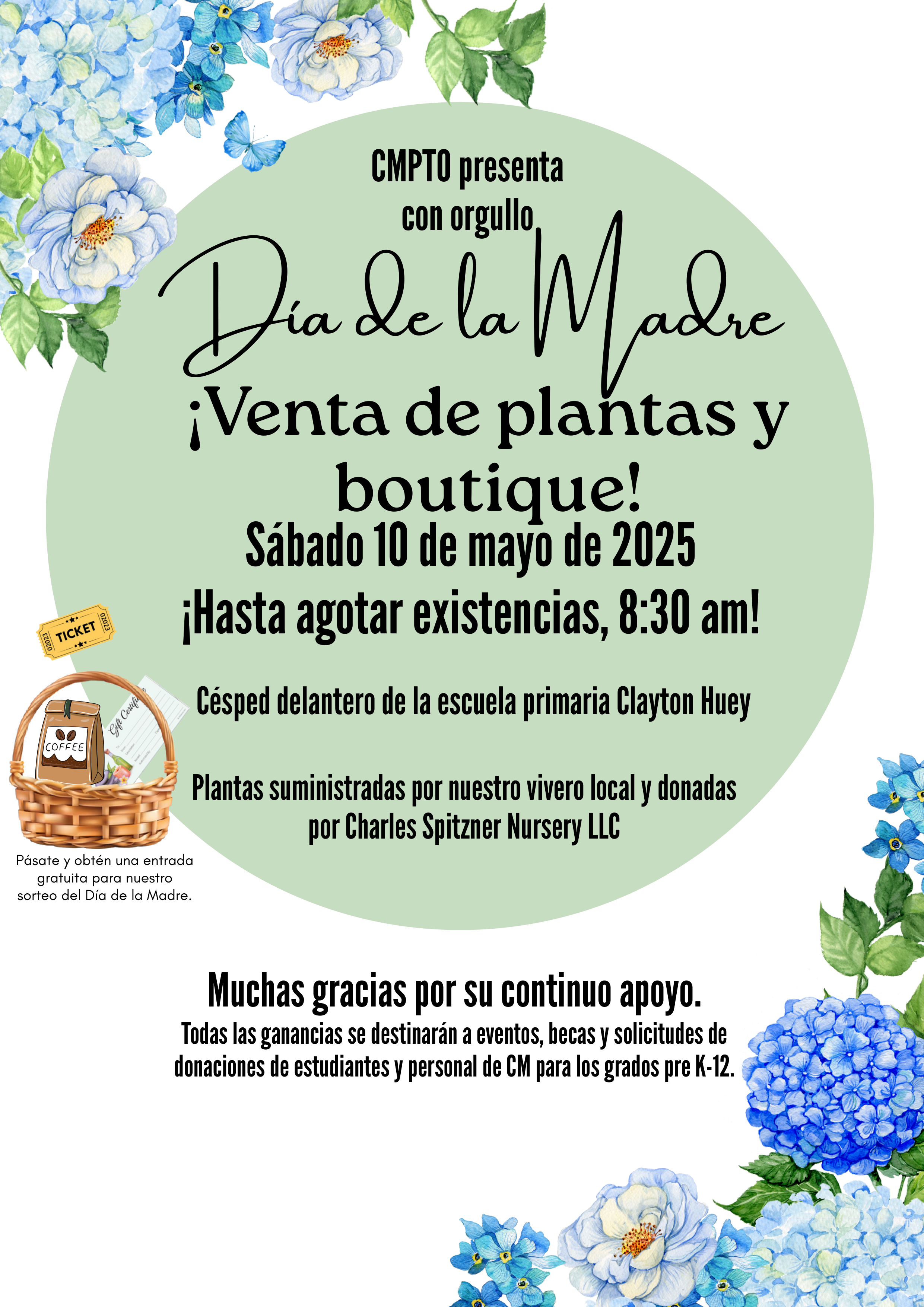 A flyer announcing a plant and boutique sale on Mother's Day, May 10th, 2025, at Clayton Huey Elementary School.