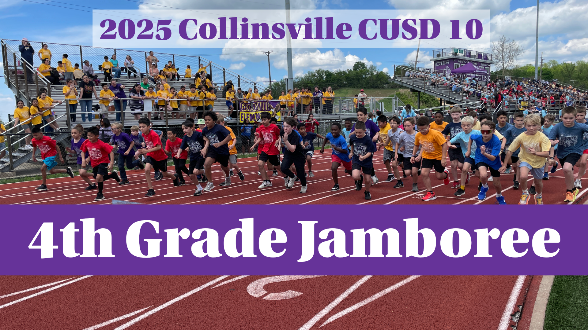 A group of fourth-grade students participate in a track and field event at the 2025 Collinsville CUSD 10 4th Grade Jamboree.