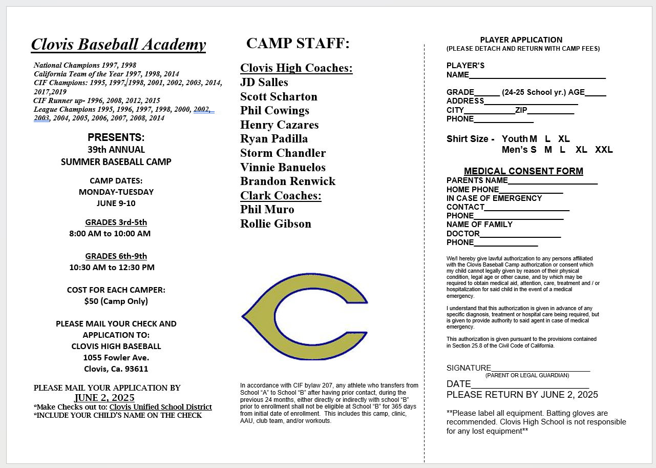 A registration form for the Clovis Baseball Academy's summer camp, with details on dates, grades, costs, and staff.
