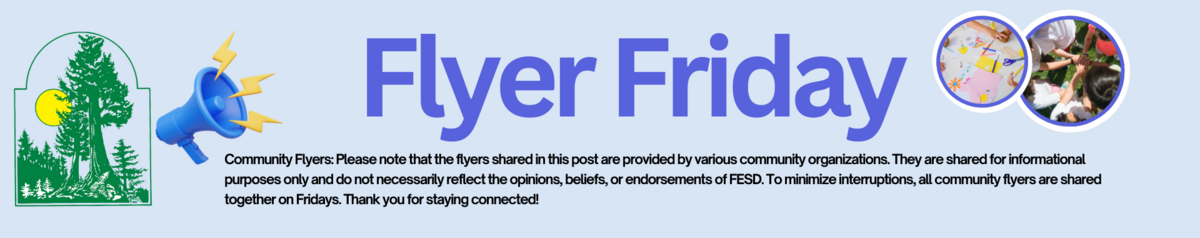 A graphic with the text 'Flyer Friday' in blue, featuring a megaphone and images of people working together.