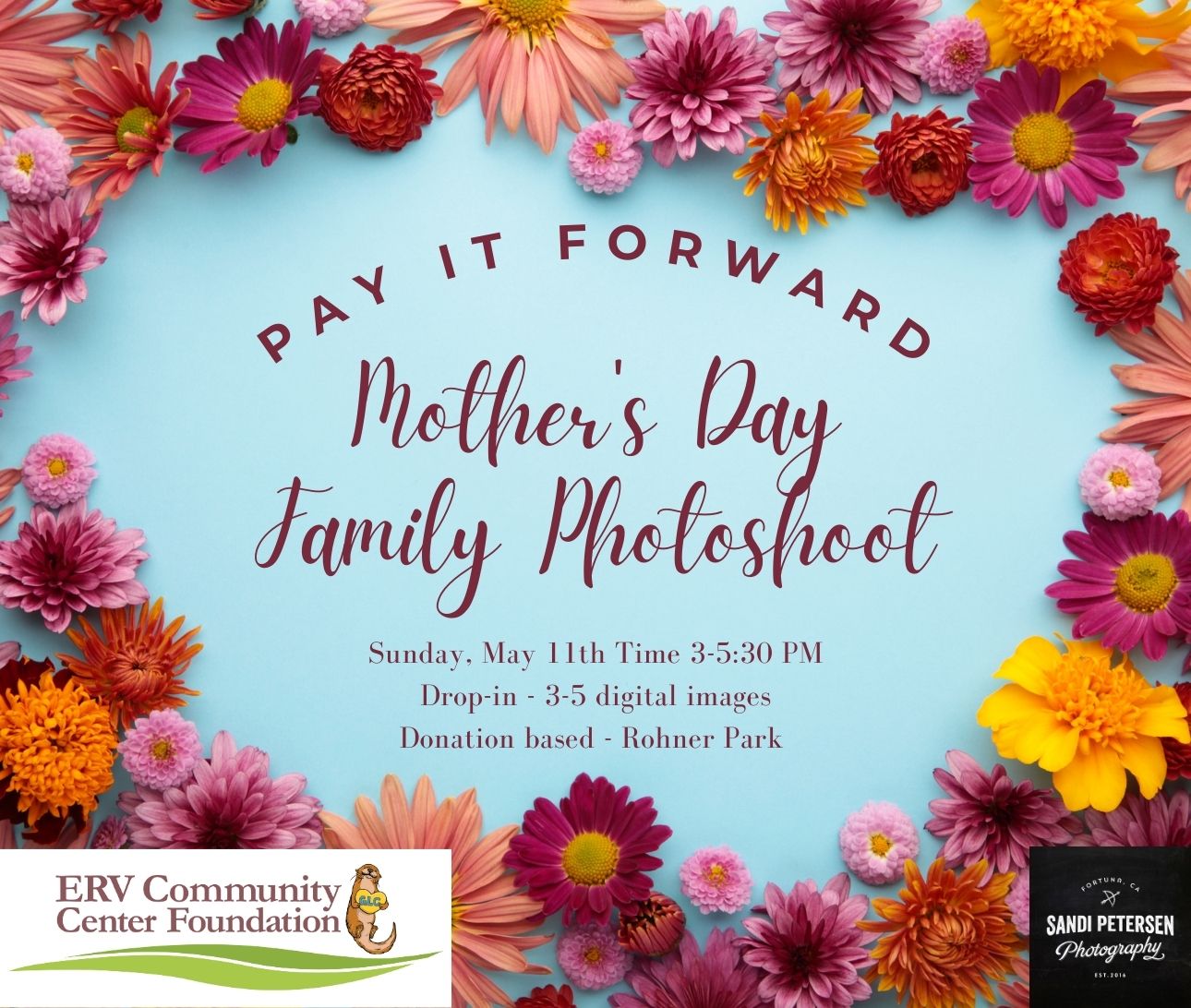 A colorful floral border surrounds a Mother's Day family photoshoot announcement, with details about the event, including date, time, location, and photographer.