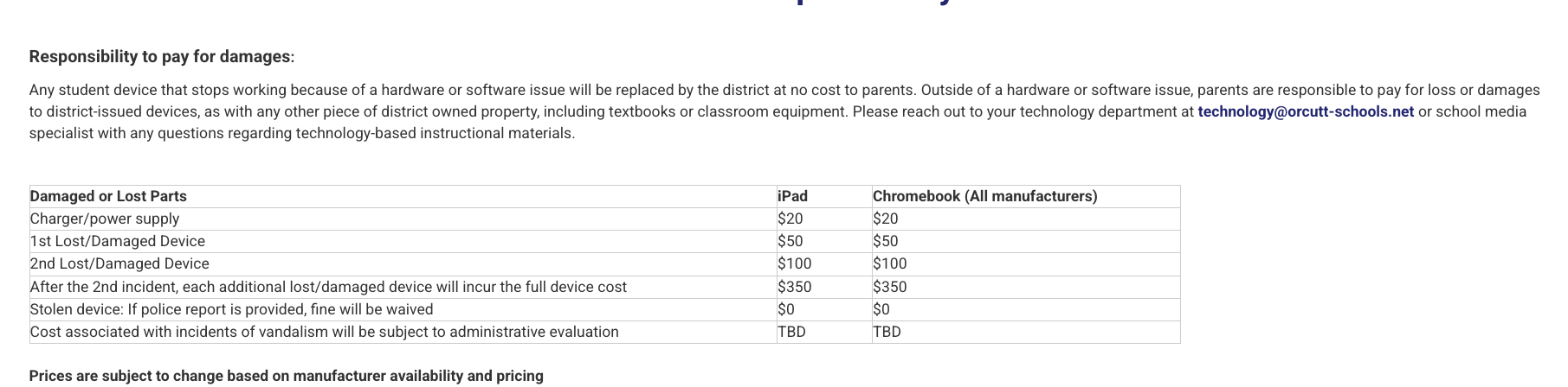 Device damage responsibility and charges chart explaining how much it costs to replace or repair a device when damaged.