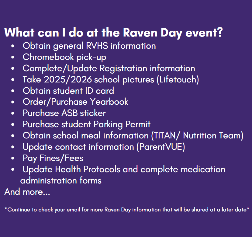 A list of activities for Raven Day, including Chromebook pick-up and ID card obtainment.