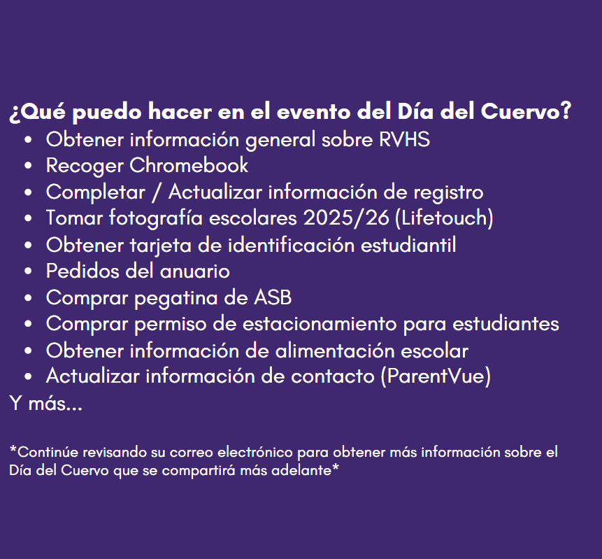 A purple graphic lists activities for the 'Día del Cuervo' event in Spanish.