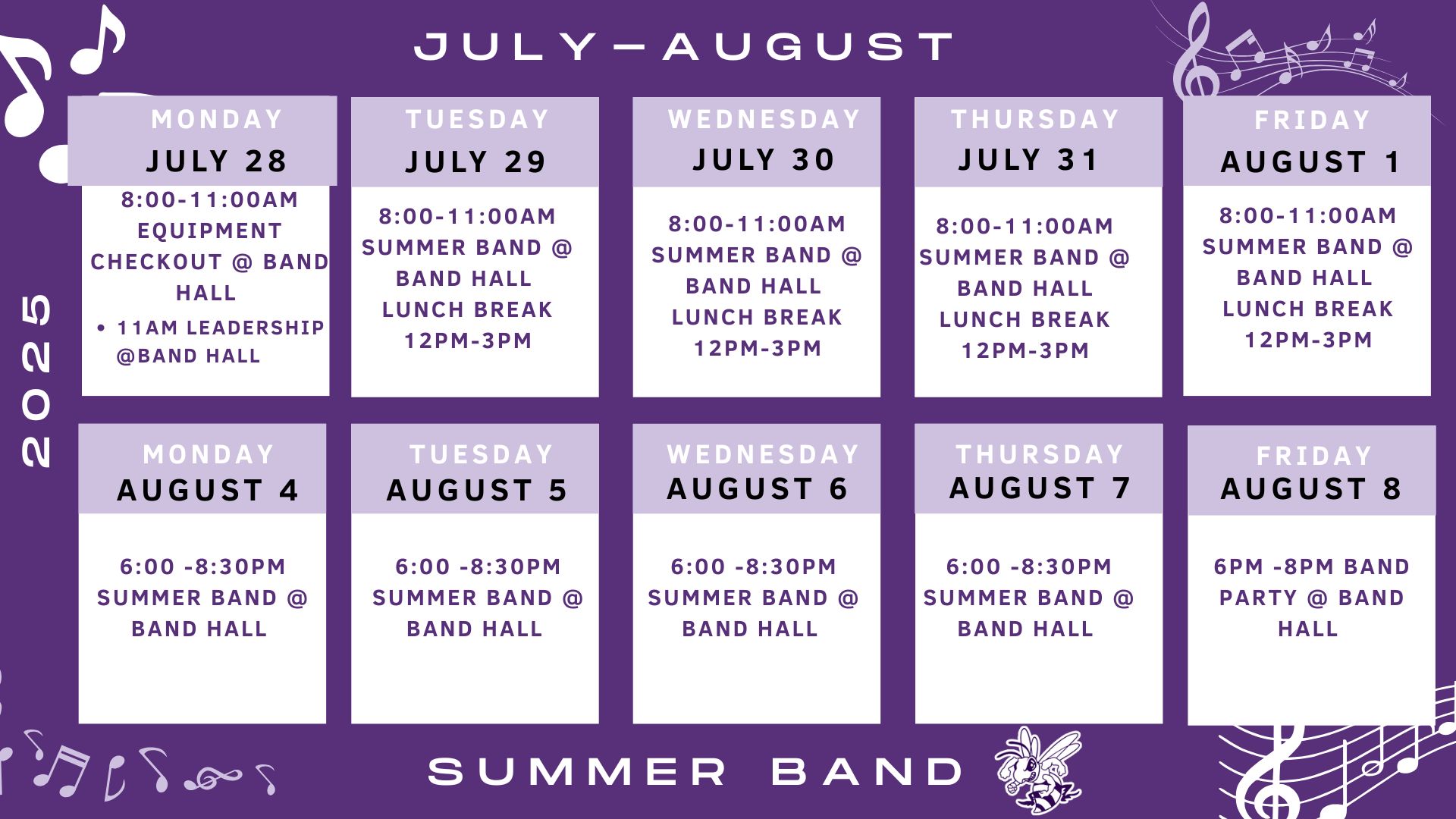 A purple calendar displays the Summer Band schedule for July and August.