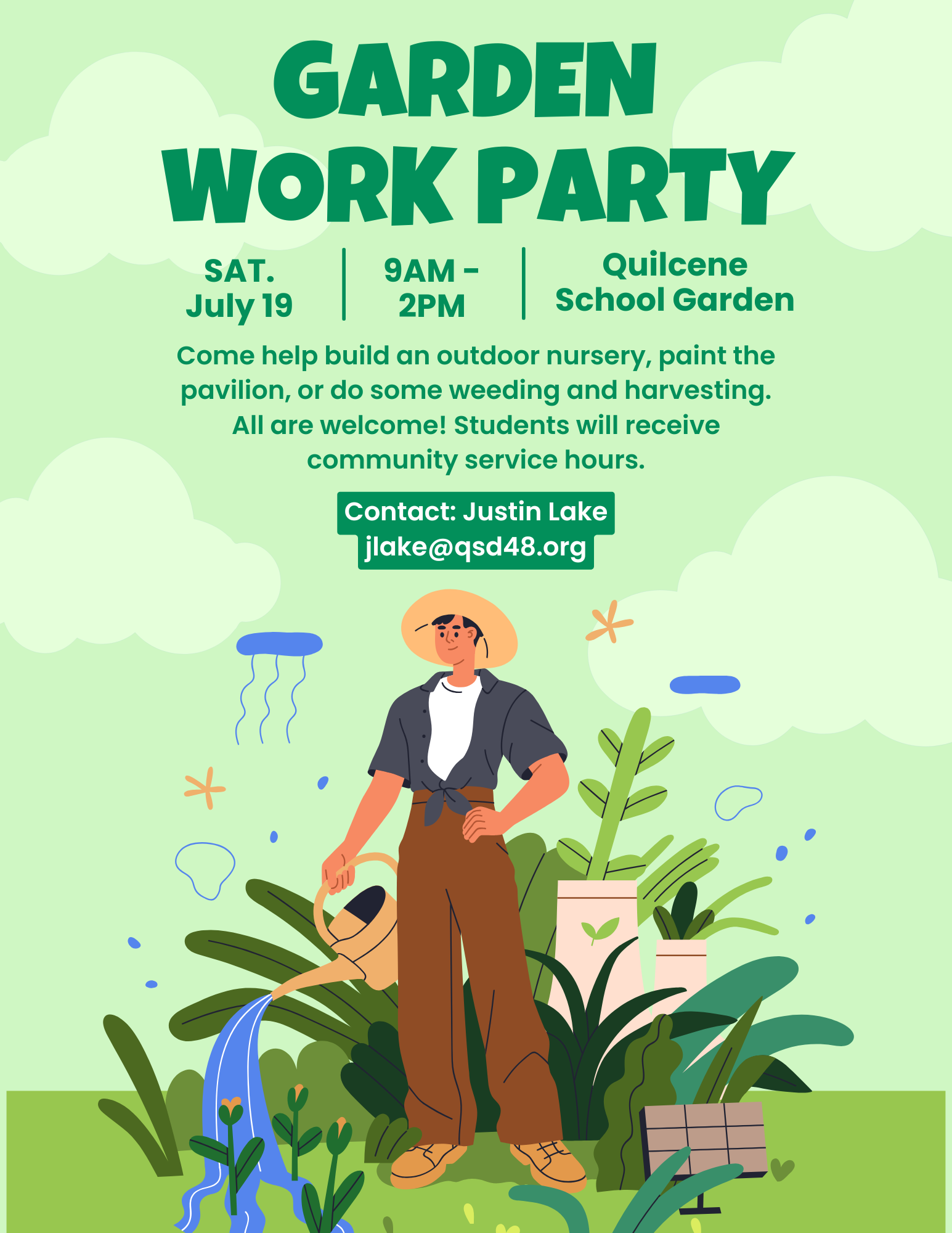 Poster for a Garden Work Party with a person watering plants.