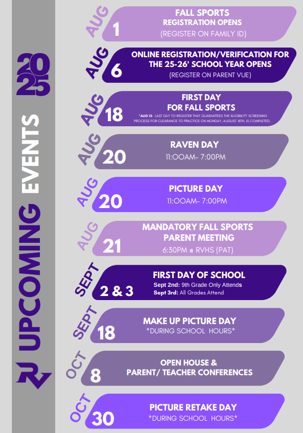 A calendar graphic lists upcoming school events with dates and details.