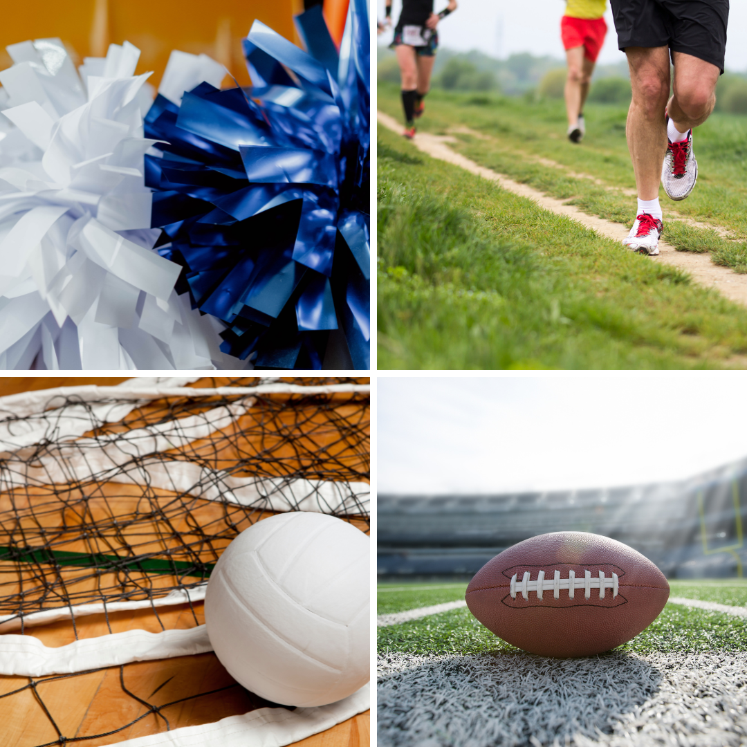 Graphic of cheer, volleyball, cross country and football