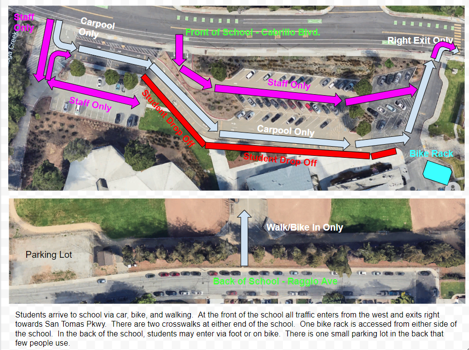 Overhead map showing school traffic flow, including carpool, student drop-off, and staff parking areas.