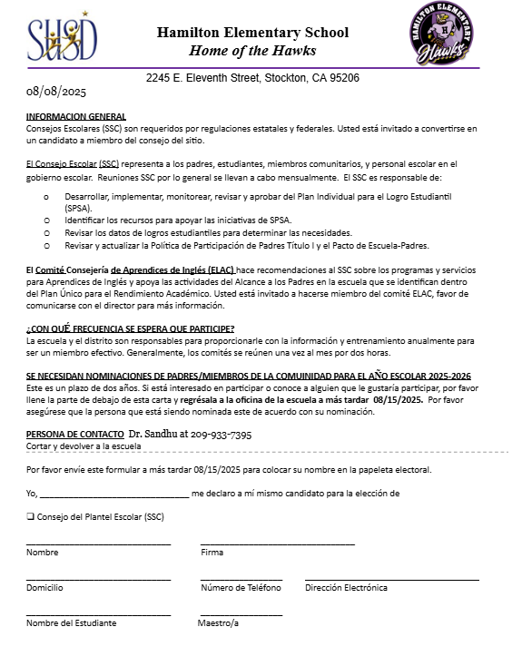 A document from Hamilton Elementary School with information about school council and nominations.