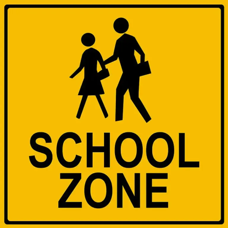 A yellow school zone sign with a black border.