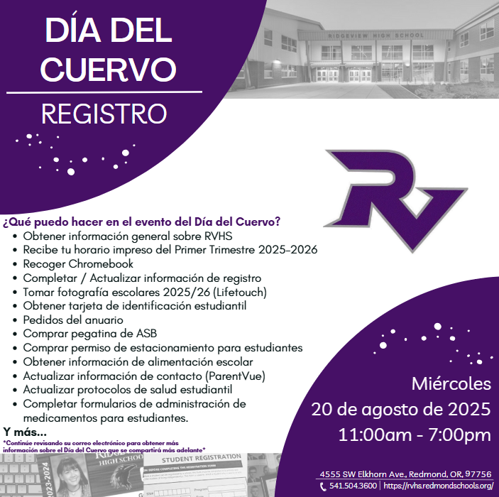 Announcement for Ridgeview High School's 'Día del Cuervo' (Raven Day) registration event.