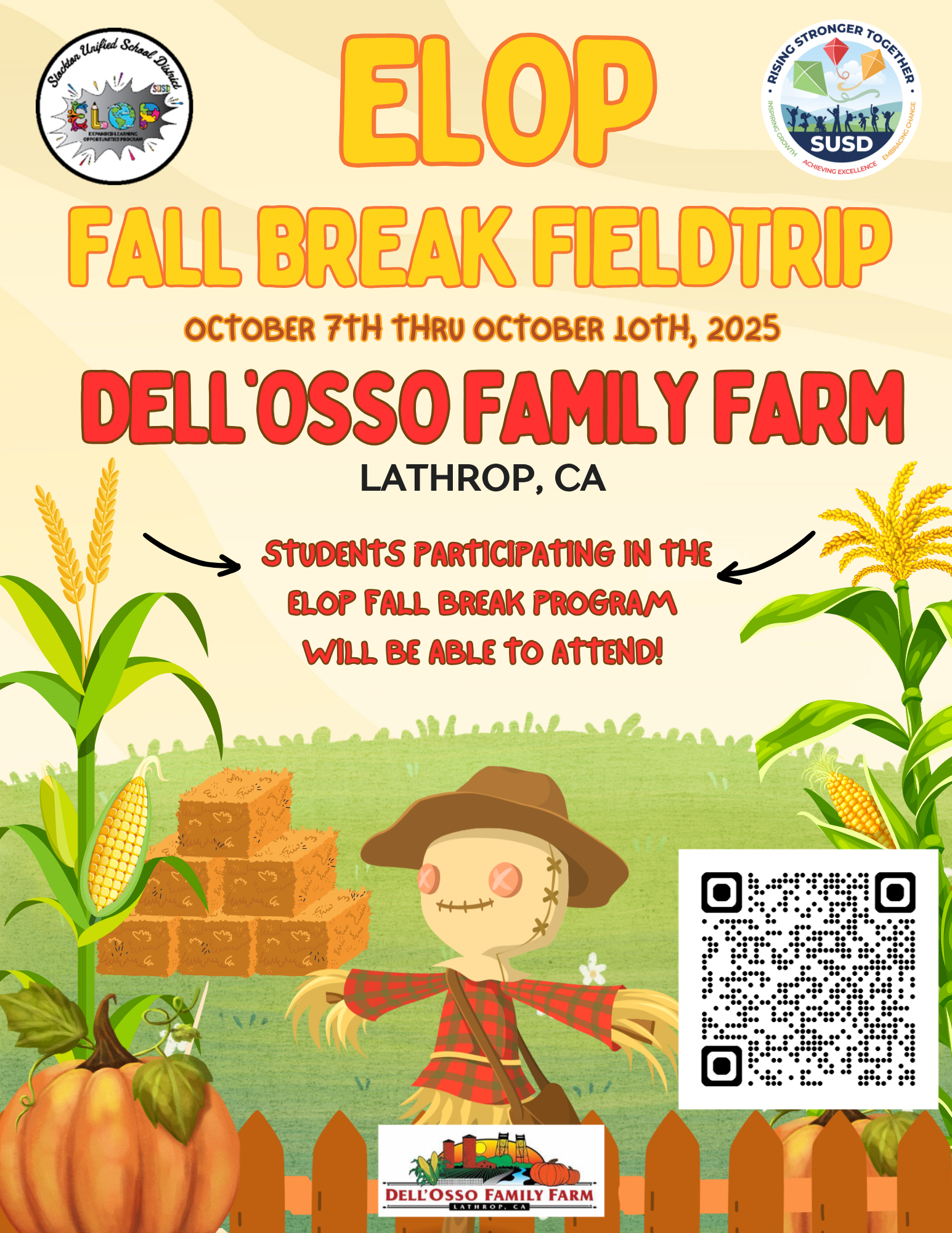 A colorful flyer announces an ELOP Fall Break Fieldtrip to Dell'Osso Family Farm.