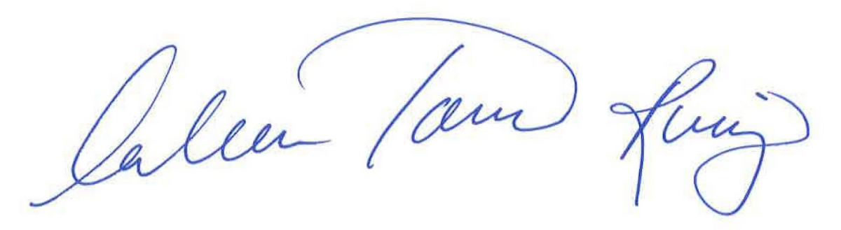 A blue handwritten signature on a white background.