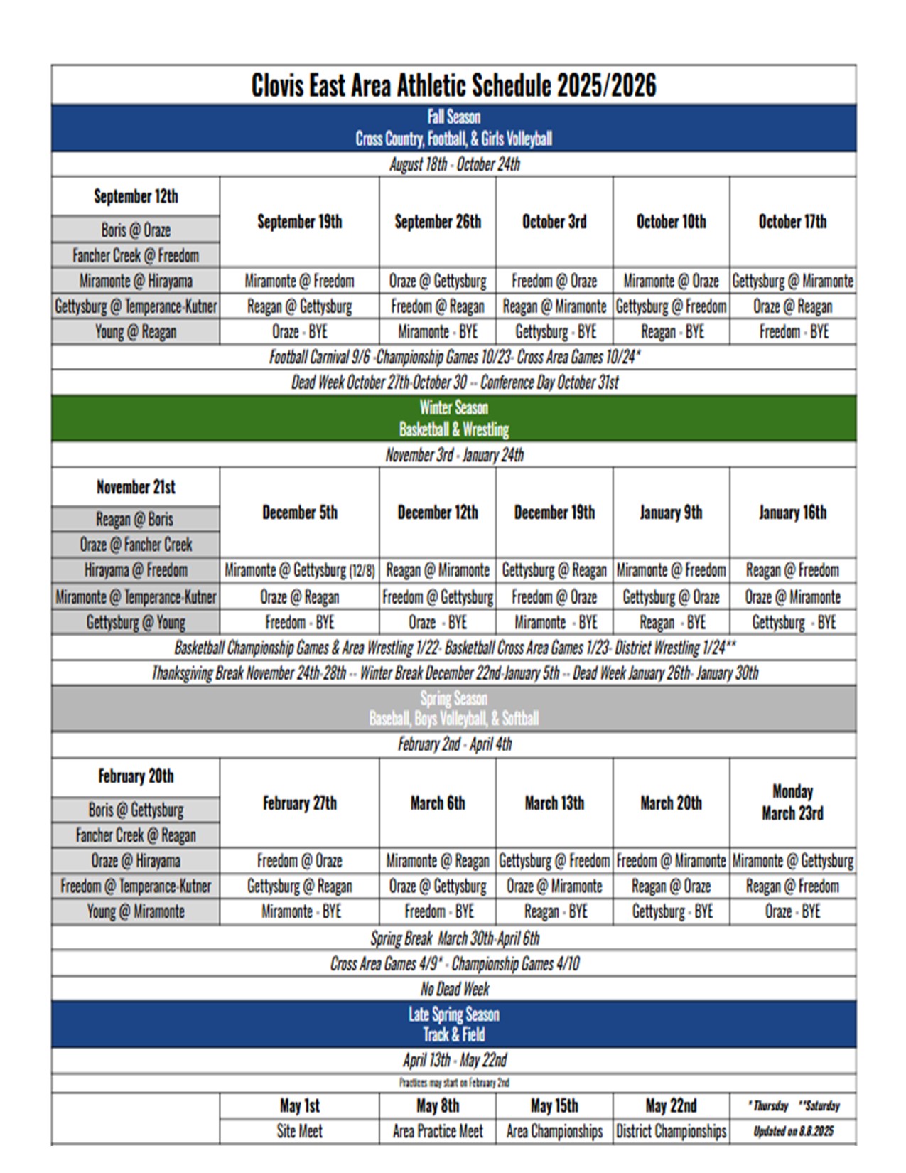 A detailed athletic schedule for Clovis East Area, listing dates and events.