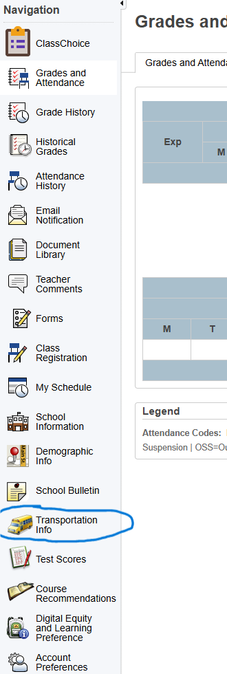 A website navigation menu with options like Grades, Attendance, and Transportation Info.