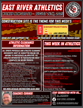 East River Athletics weekly newsletter, August 24th, 2025, with a construction theme for the upcoming football game.