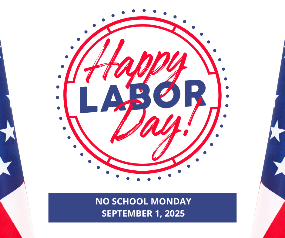Happy Labor Day graphic with American flags and text.