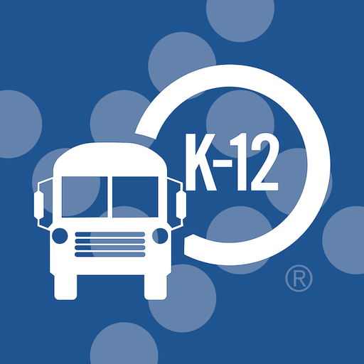 A white school bus icon with the text 'K-12' in a circle, on a blue background with white circles.