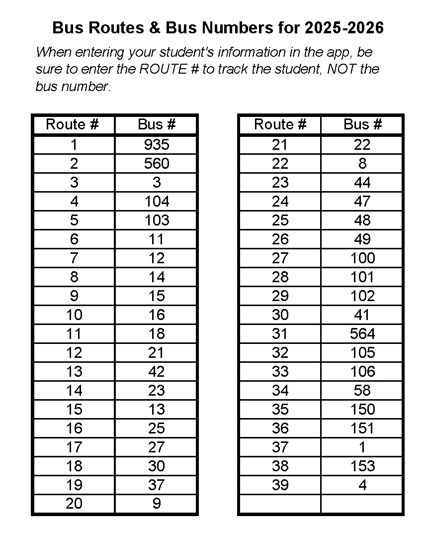 A table lists bus routes and numbers for the years 2025-2026.