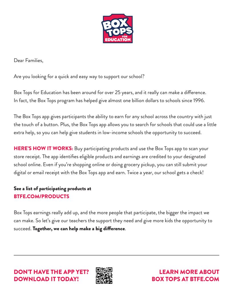 A flyer promoting Box Tops for Education, with the logo at the top.