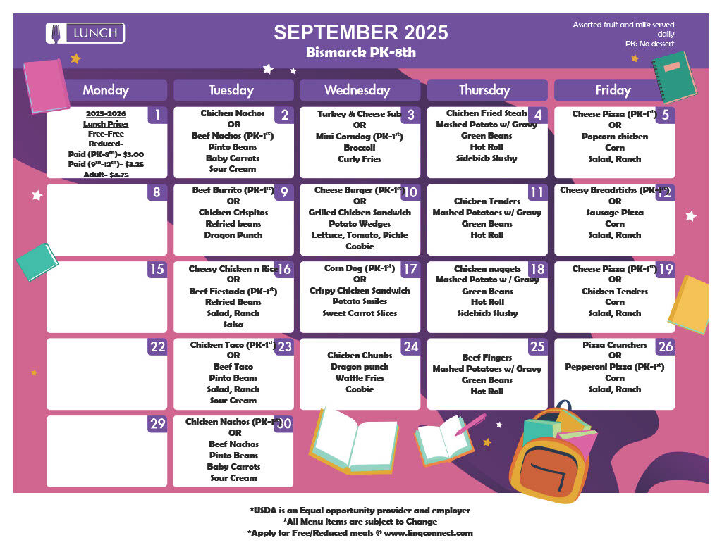 A school lunch menu for September 2025, listing daily meal options for PK-8th grade.